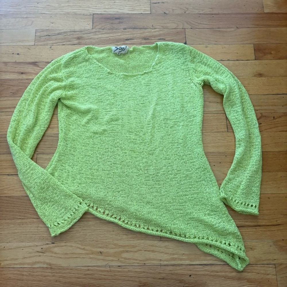 Vintage Sogi Neon Green Asymmetrical Open Knit Beach Sweater Size Small